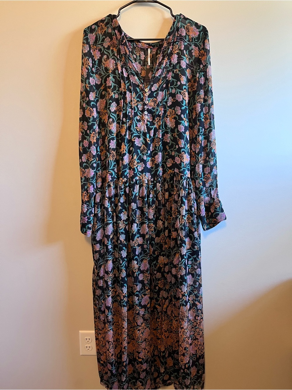 Free People Floral Long Sleeve Maxi Dress in Black with Pink Accents